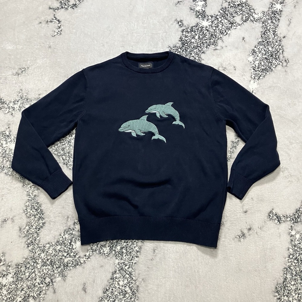 Barney Cools Sweater Mens Medium Navy‎ Dolphin Graphic Knit Crewneck Pullover